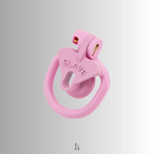 Locked in a chastity flat device—smooth, pink, and unyielding. Feel the restraint tighten around you, no chance of escape.