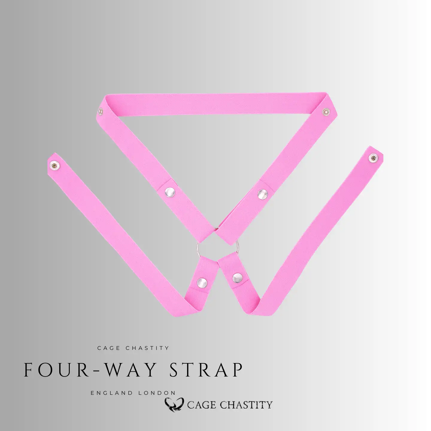 Adjustable pink chastity strap with multiple snap closures and central ring for secure positioning