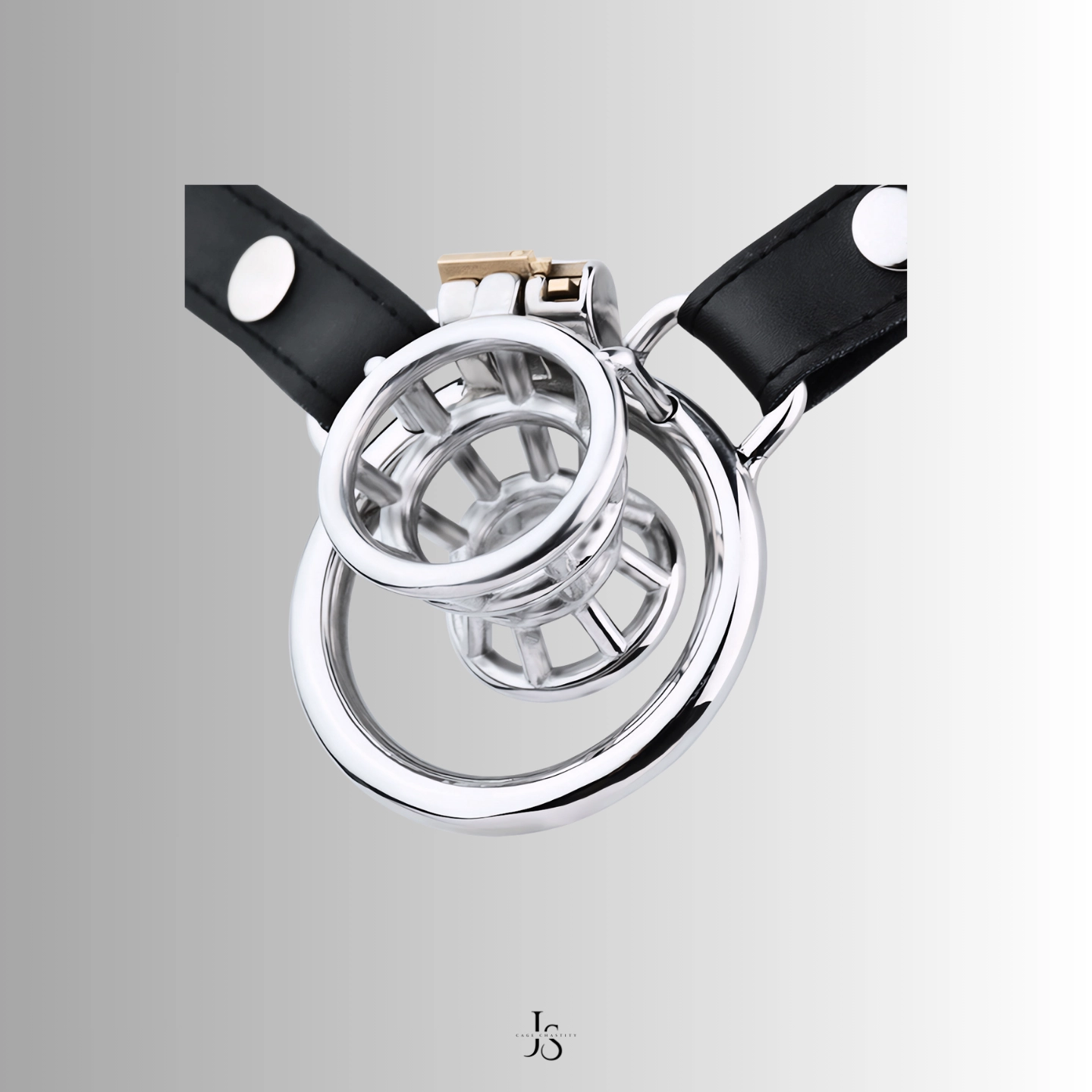 CC24 chastity cage paired with a flat wearable ring and a leather strap for a secure and stylish fit.