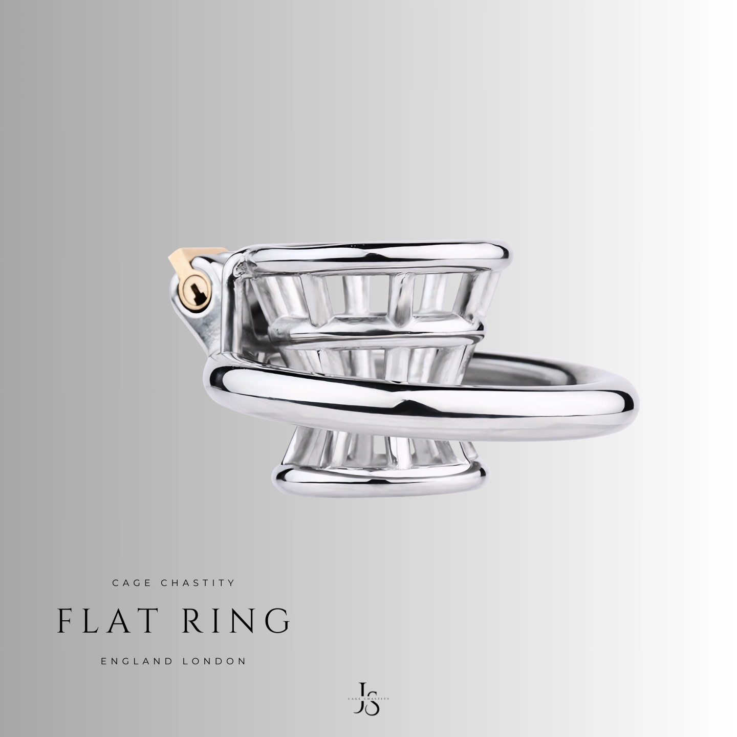 Side view of the CC24 chastity cage with a flat ring, highlighting the curved cage structure and large ring gap