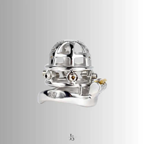 a spiked metal cock cage with arc ring. the top head has star patterns and the body with metal spikes
