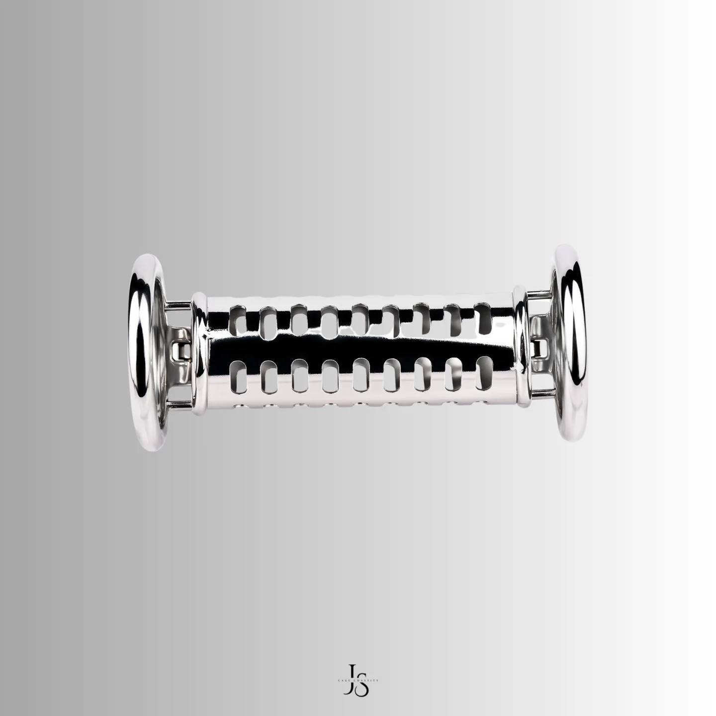 Underside detail showing alignment of dual ends on double ended chastity cage