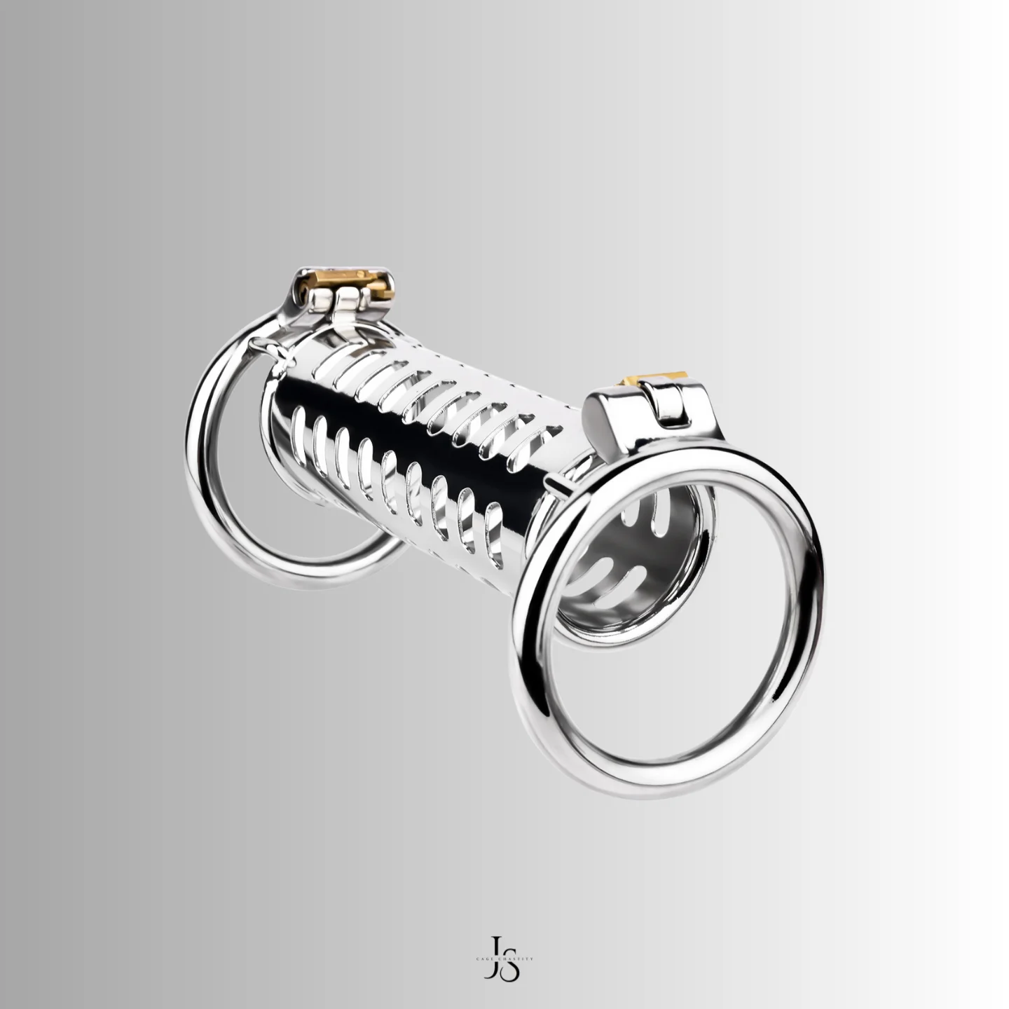 Rear view showing locking ring and base alignment of double ended chastity cage