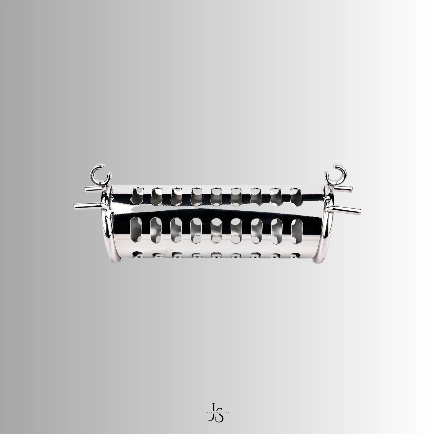 Front perspective highlighting central shaft tube on double ended chastity cage