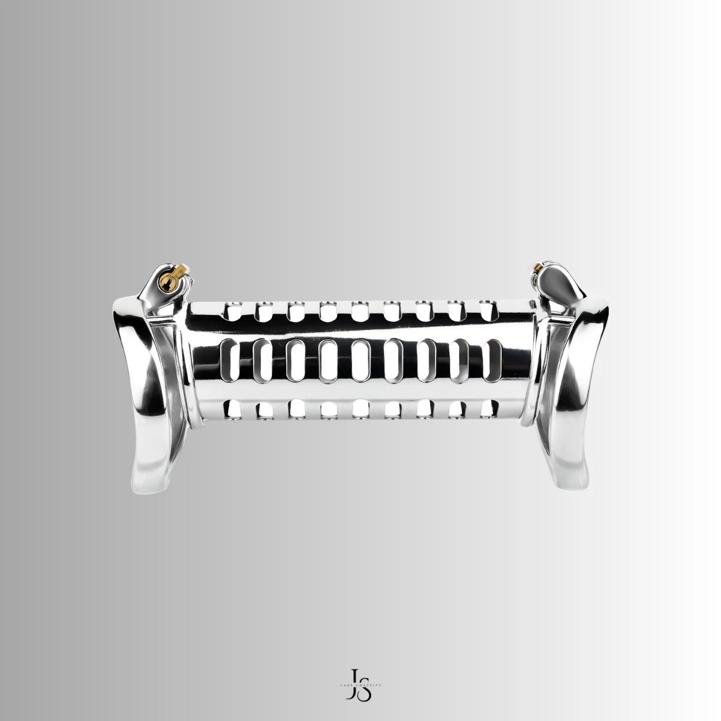 Angled view showing dual opening structure of double ended chastity cage
