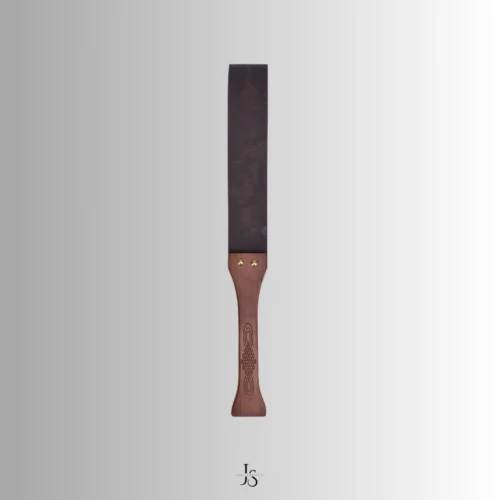 brown wood handle with black leather strap upright display