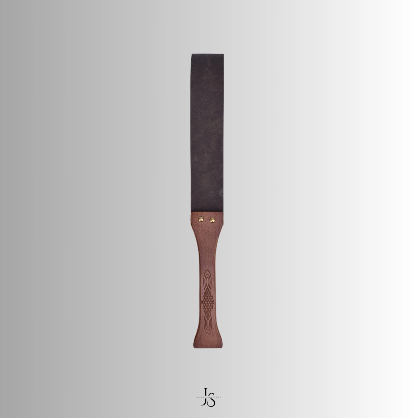 brown wood handle with black leather strap upright display