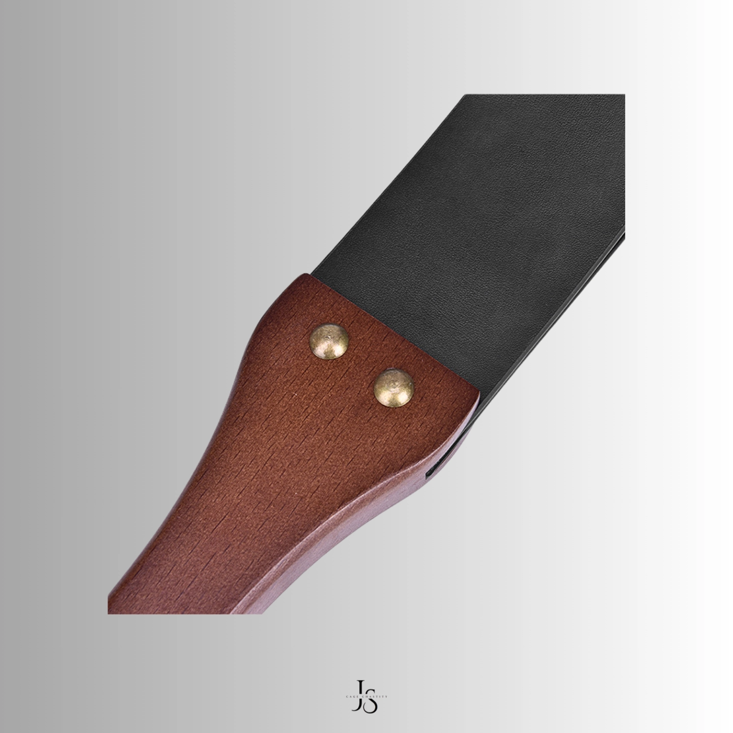 Dark leather looped strap with engraved wooden handle, front display