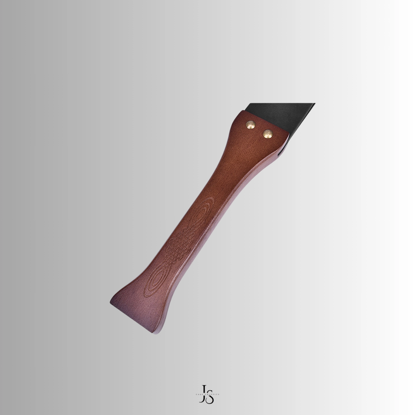 Close-up of wooden grip and rivet connection with leather