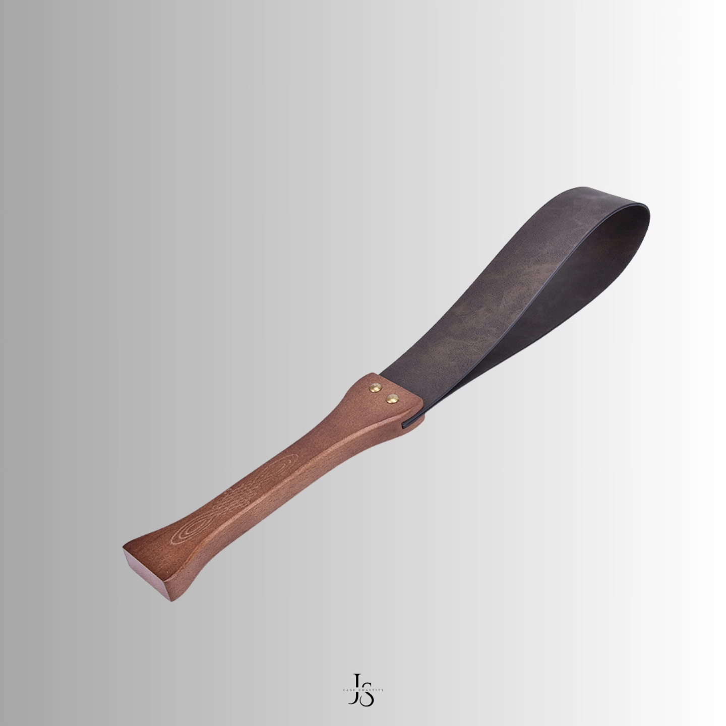 Top view showing engraved handle detail and fixed leather strap