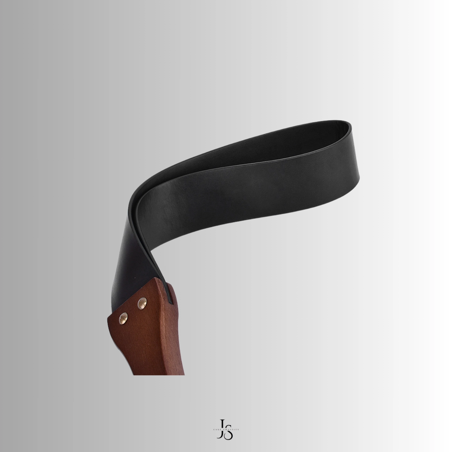 Side profile of thick leather strap with curved wooden grip