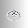 Brushed metal side angle displaying lock position of chastity cage