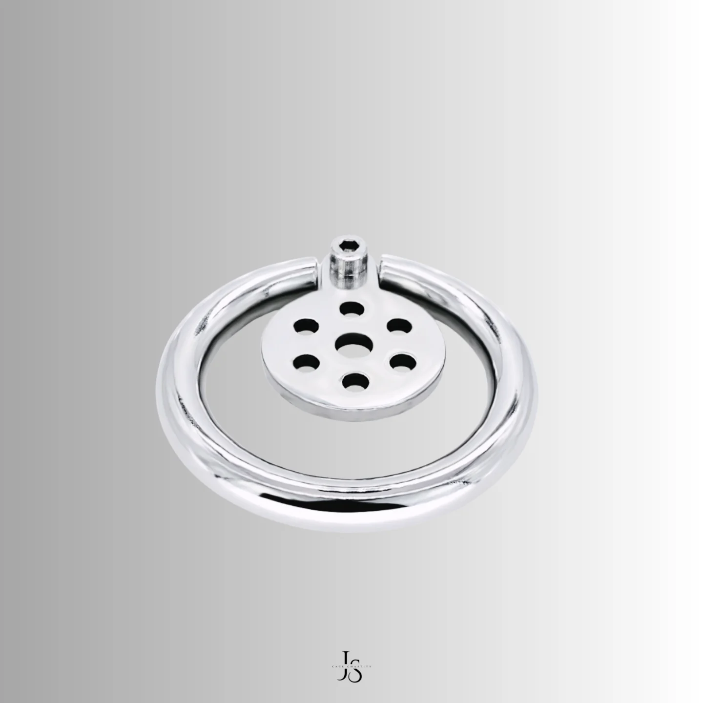 Brushed metal side angle displaying lock position of chastity cage