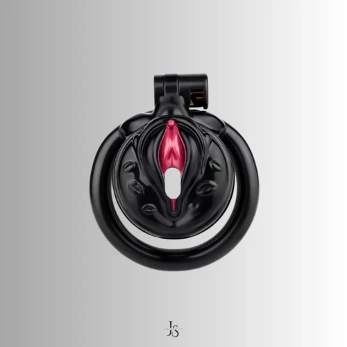 front view of the black vulva chastity cage