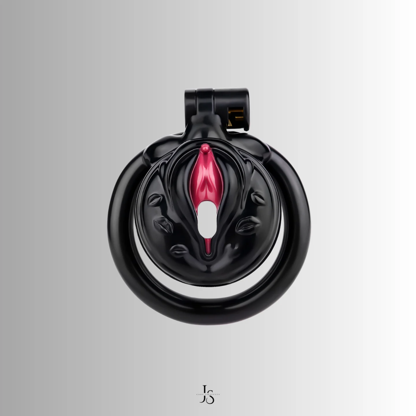 front view of the black vulva chastity cage