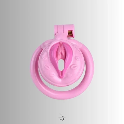 front view of the pink vulva chastity cage