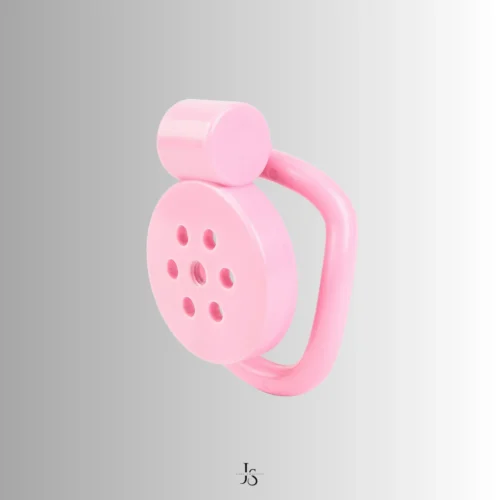 Pastel pink resin front view showing flat face chastity cage
