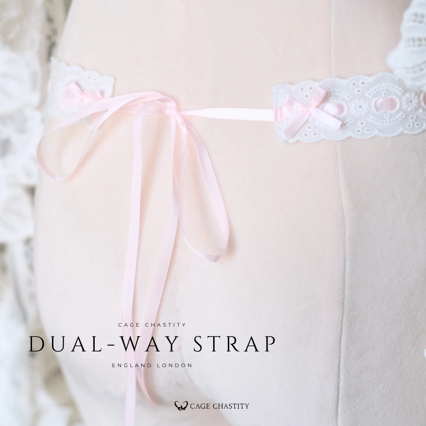 Side view showing pink tie detail on lace waistbelt
