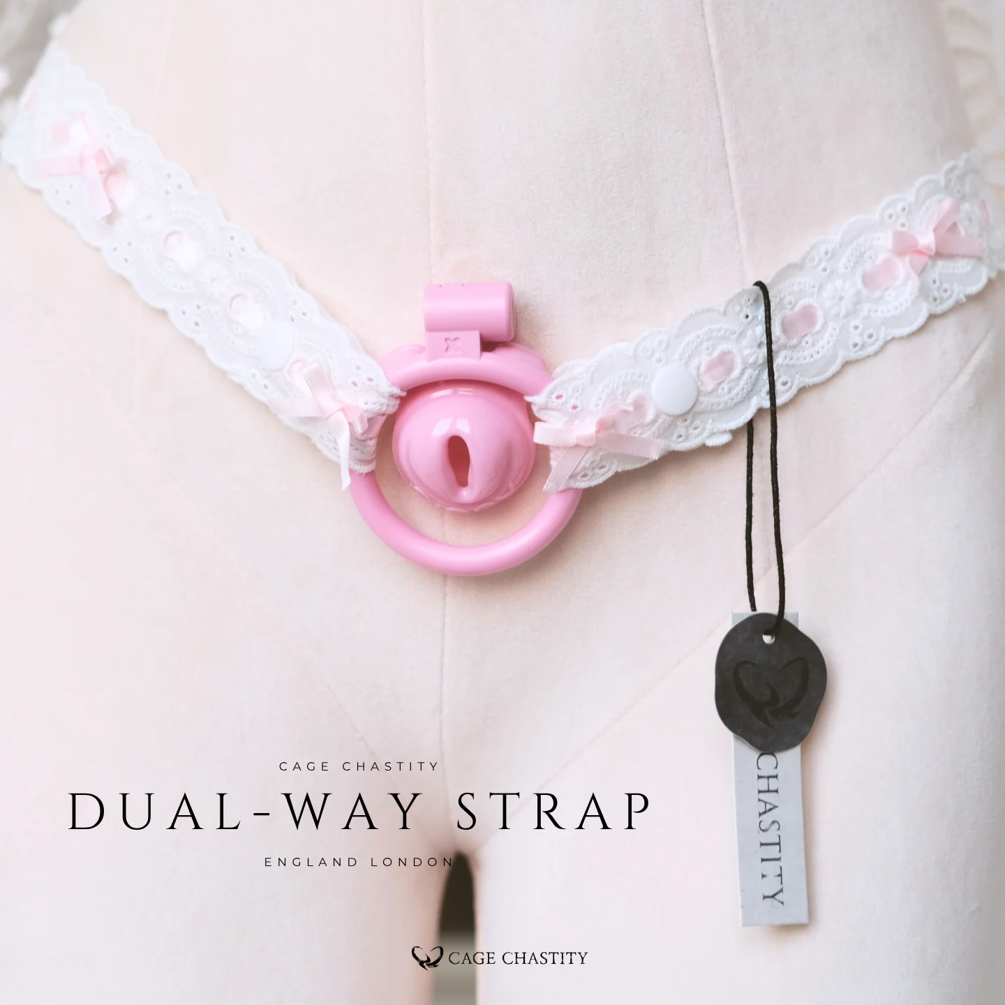 dual-way strap worn on mannequin from front, showing lace scallop