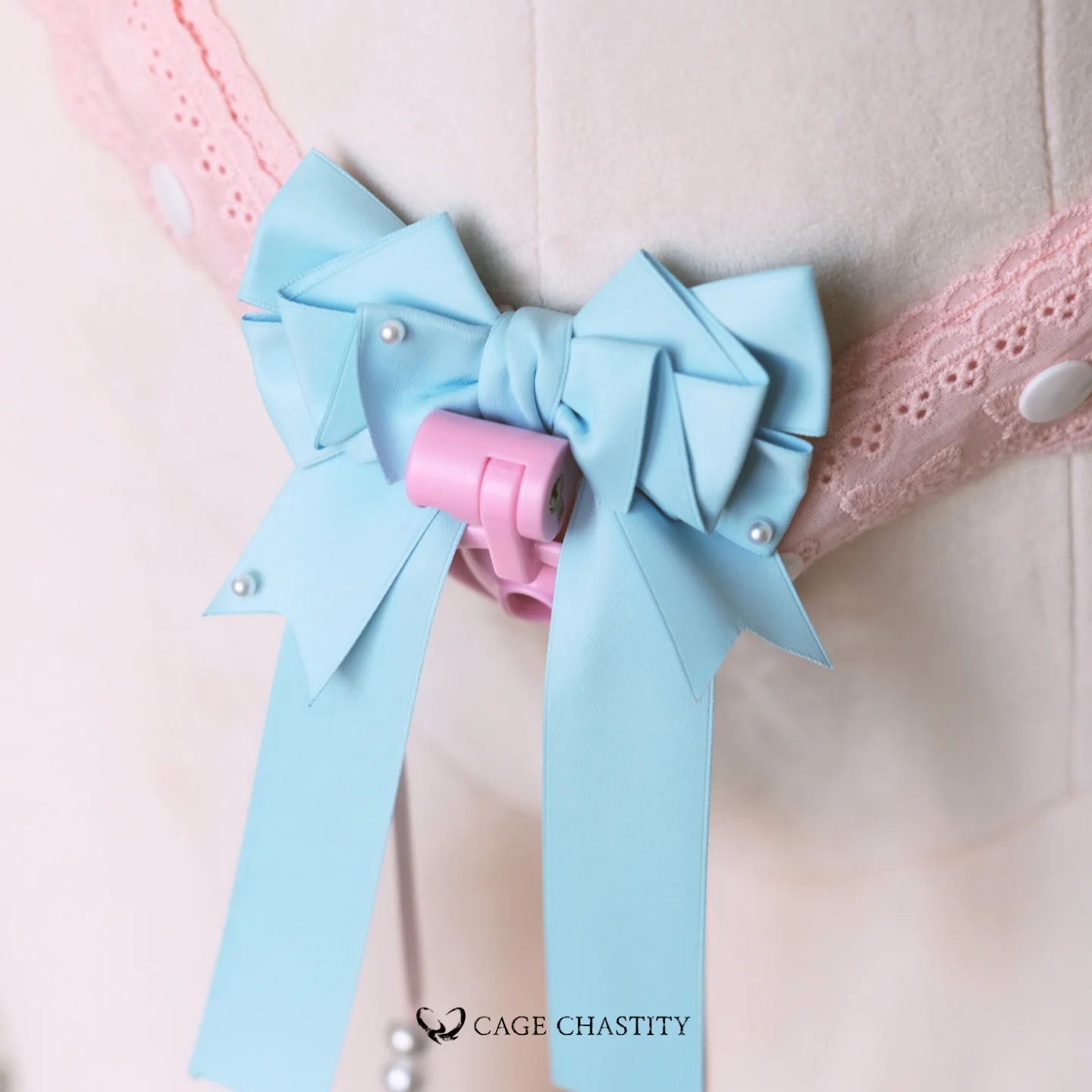 blue bow tie with pink lace strap