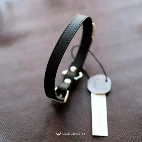 the black obsidian elan discreet collar, folded on a brown leather surface