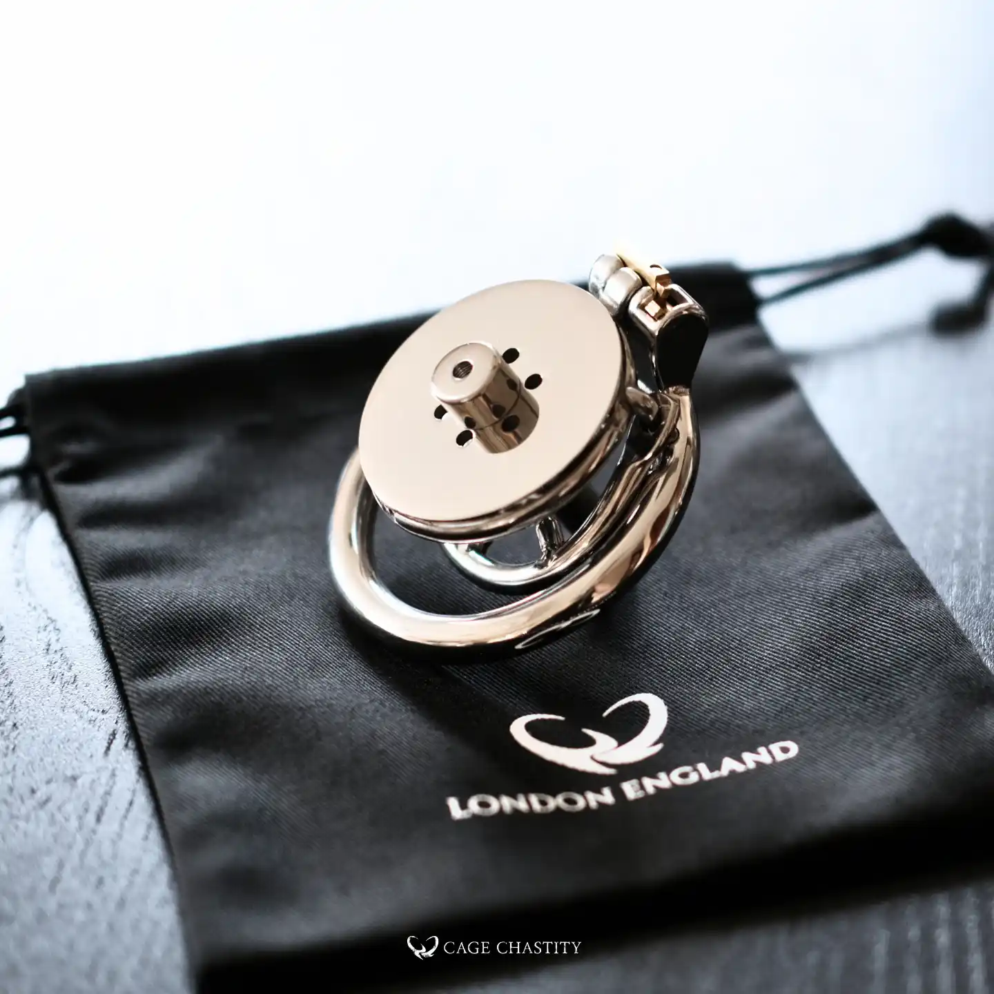 metal cage on the black cc bag