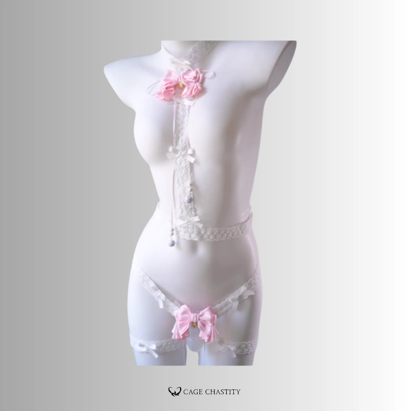 the white lace straps and pink bow ties