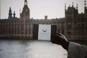 cagechastity black cartoon box in front of the Westminster in London