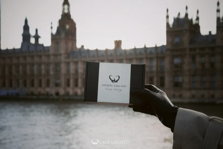 cagechastity black cartoon box in front of the Westminster in London