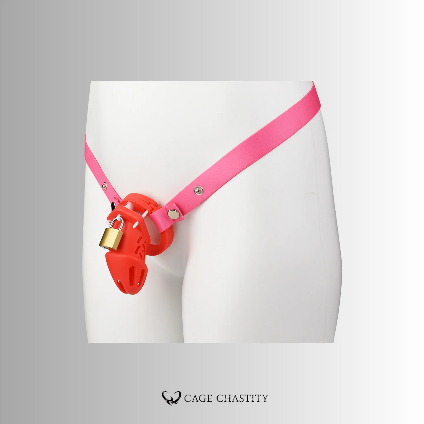 the pink strap with the red small silicone chastity cage