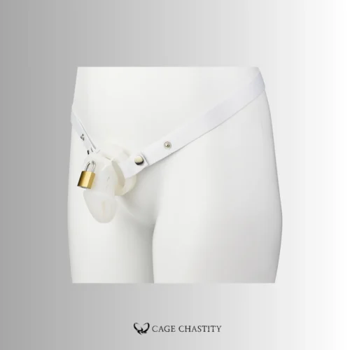 white cage with gold lock and white strap