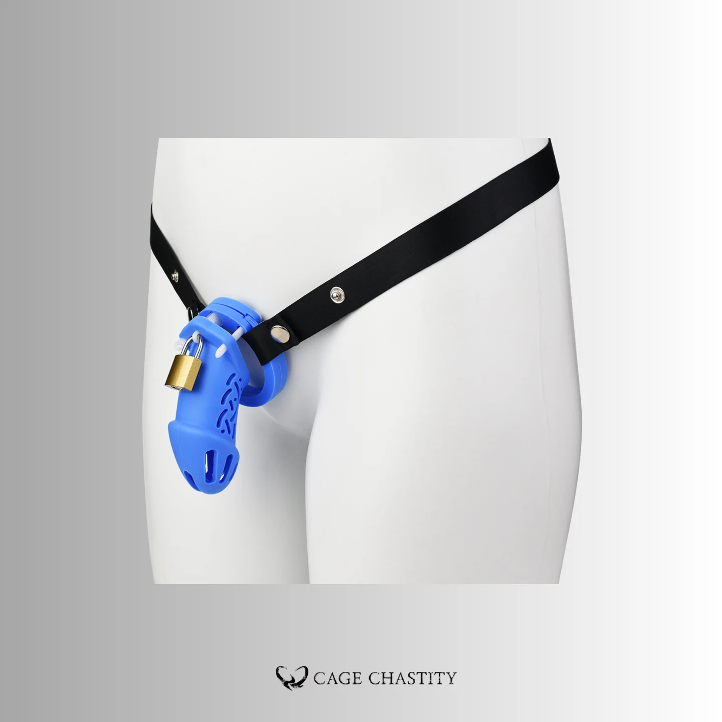 the black strap with the large blue cage