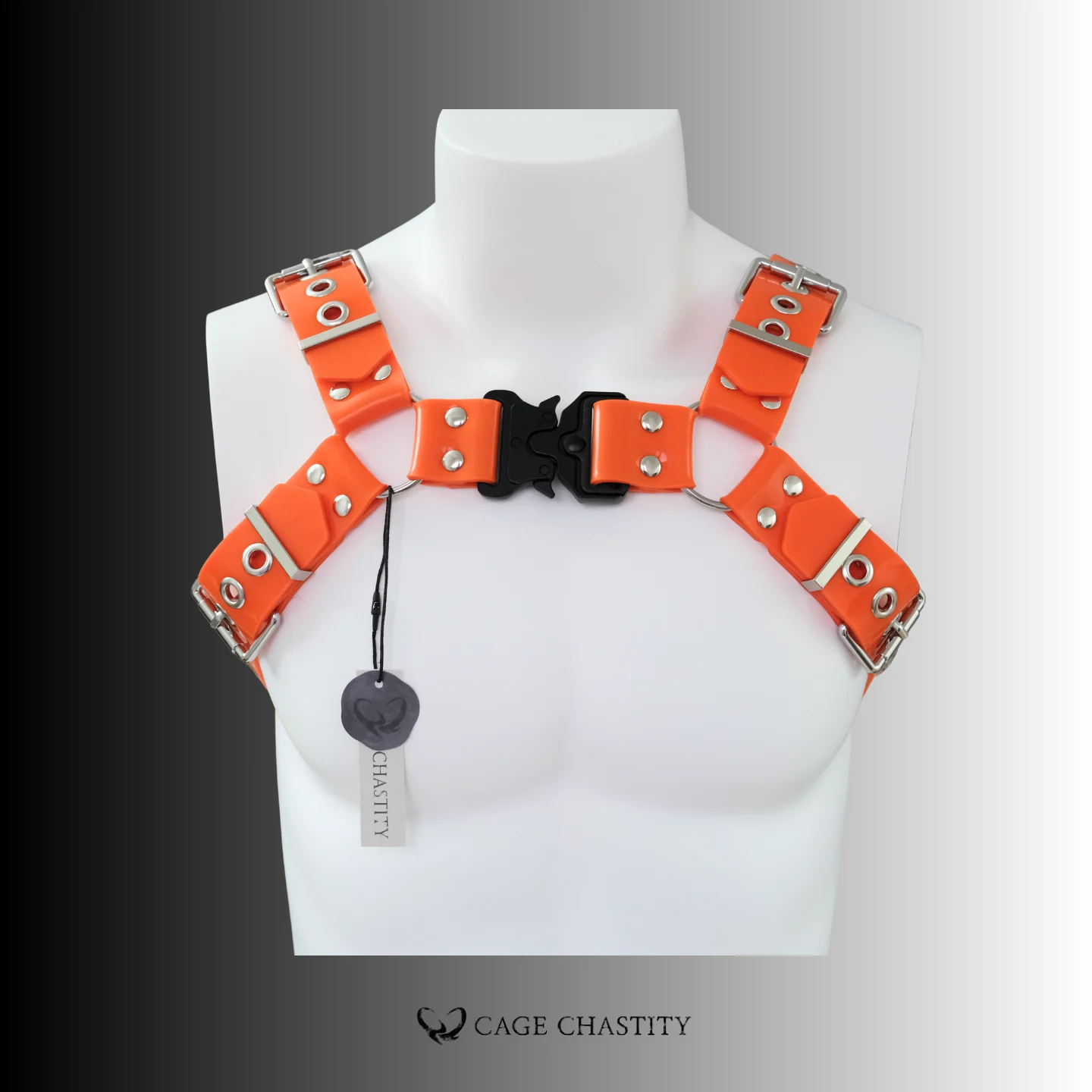 the front of the orange silicone chest harness