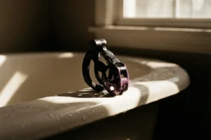 black and purple resin chastity cage on a sunlit bathtub edge