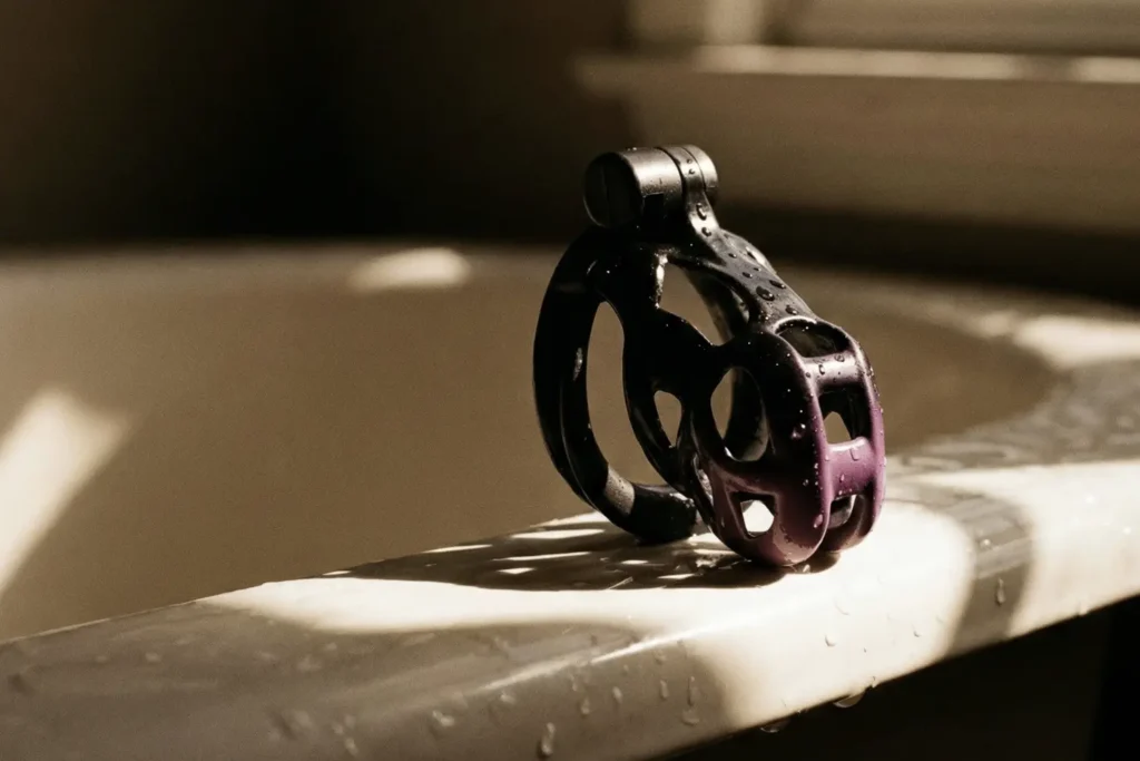 the midnight cobra chastity cage, on a bathing tub