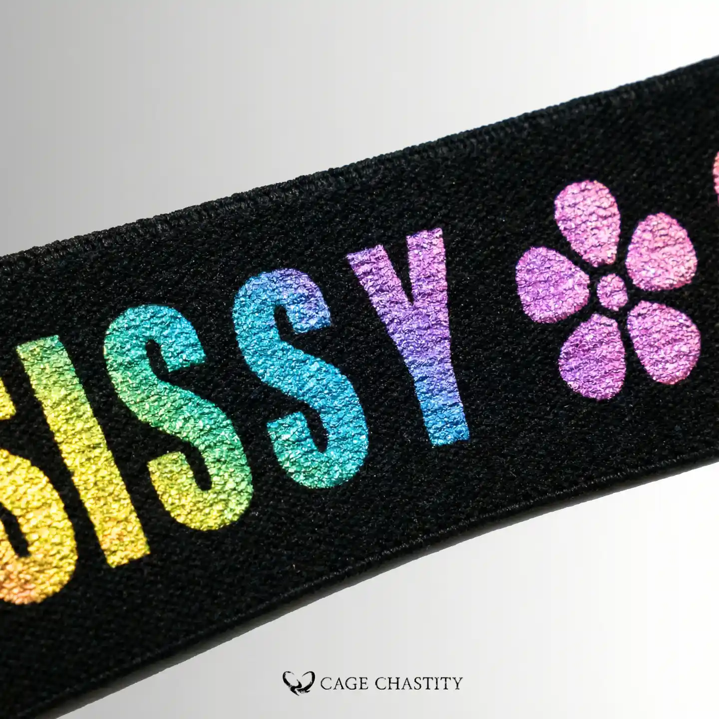 the flower letter sissy strap details, sissy letters with a rainbow color flower