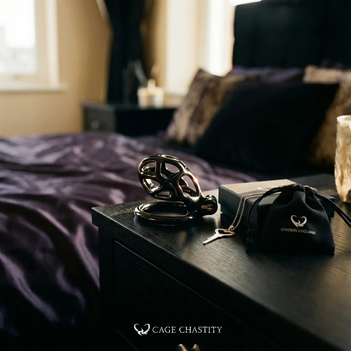 a black cage, a purple bed, and the perfect cage box and keys