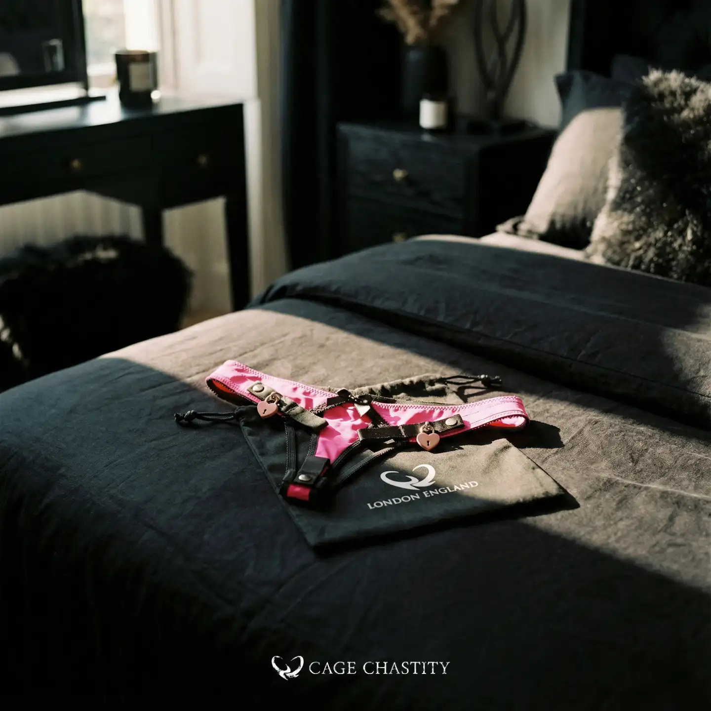 the pink sissy panties locking version on a bed