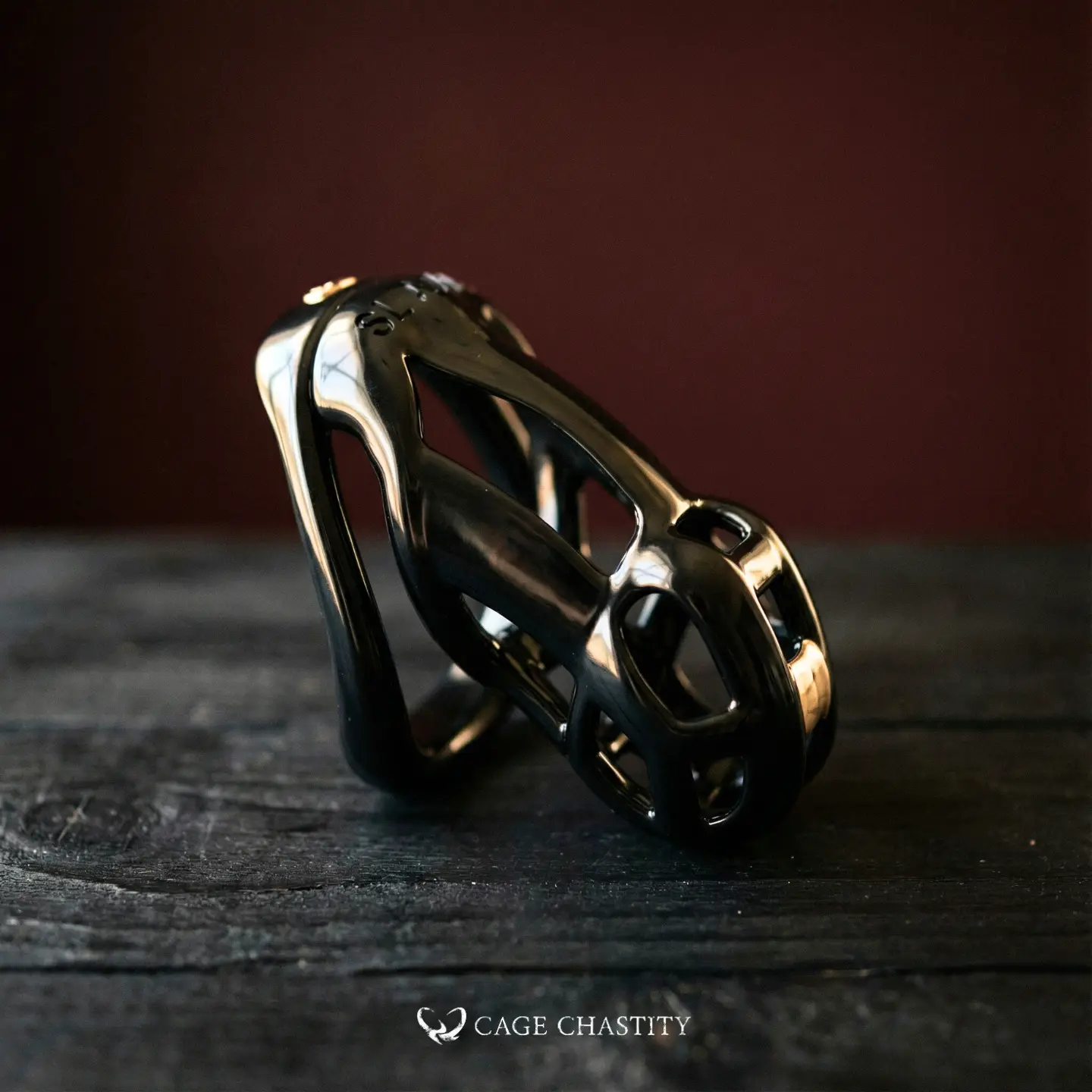 slave chastity cobra cage on the black desk