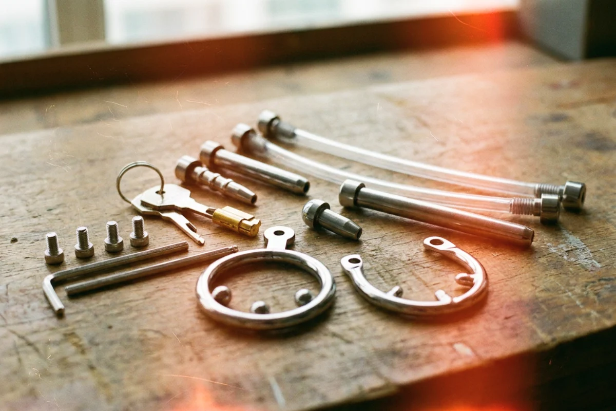 assorted chastity cage rings, tubes, keys and screws