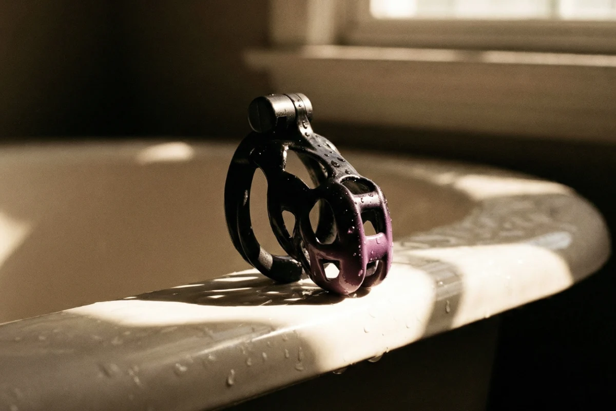 purple Midnight Cobra chastity cage resting beside a bathtub