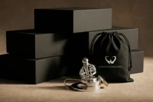 gold chastity cage beside a CageChastity box ready for shipping