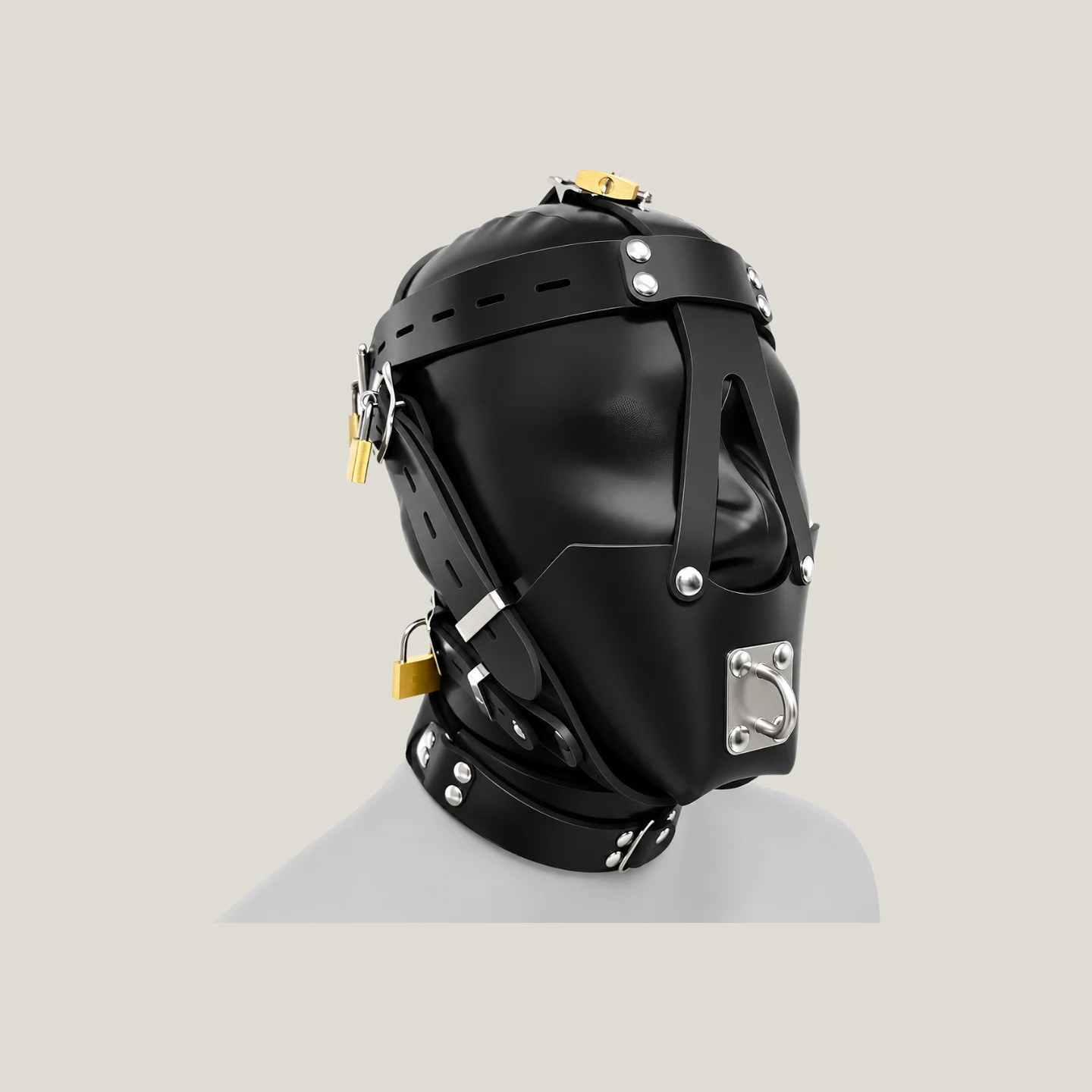 black silicone bondage hood with locking straps and padlocks