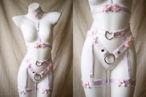 white mannequin wearing a sexy bondage lingerie set